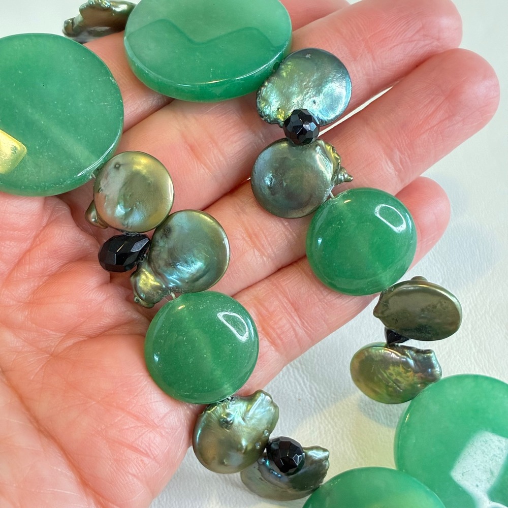 Artisan Statement Necklace‎ Aventurine Keshi Coin Pearl Green Black Boho Chunky